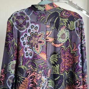 Reborn Paisley Dark Purple Print Flowy Long Sleeve Duster (Size: 3X)